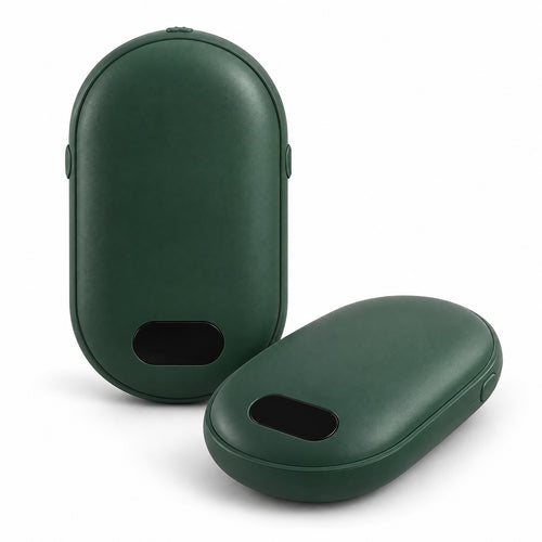 Chauffe-mains rechargeable PAREBISE vert foncé avec écran digital, fond blanc