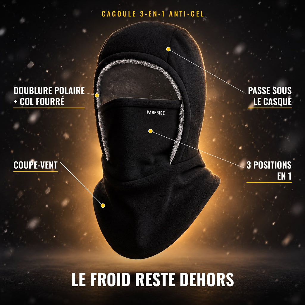 Cagoule 3-en-1 Anti-Gel PAREBISE : doublure polaire, col fourré, passe sous le casque