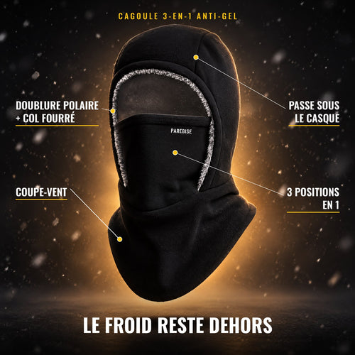 Cagoule 3-en-1 Anti-Gel PAREBISE : doublure polaire, col fourré, passe sous le casque