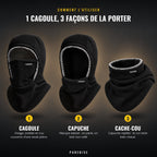 1 cagoule, 3 façons de la porter : cagoule, capuche, cache-cou
