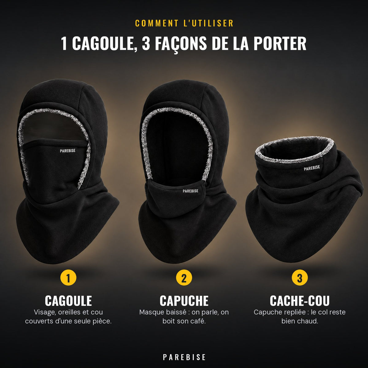 1 cagoule, 3 façons de la porter : cagoule, capuche, cache-cou