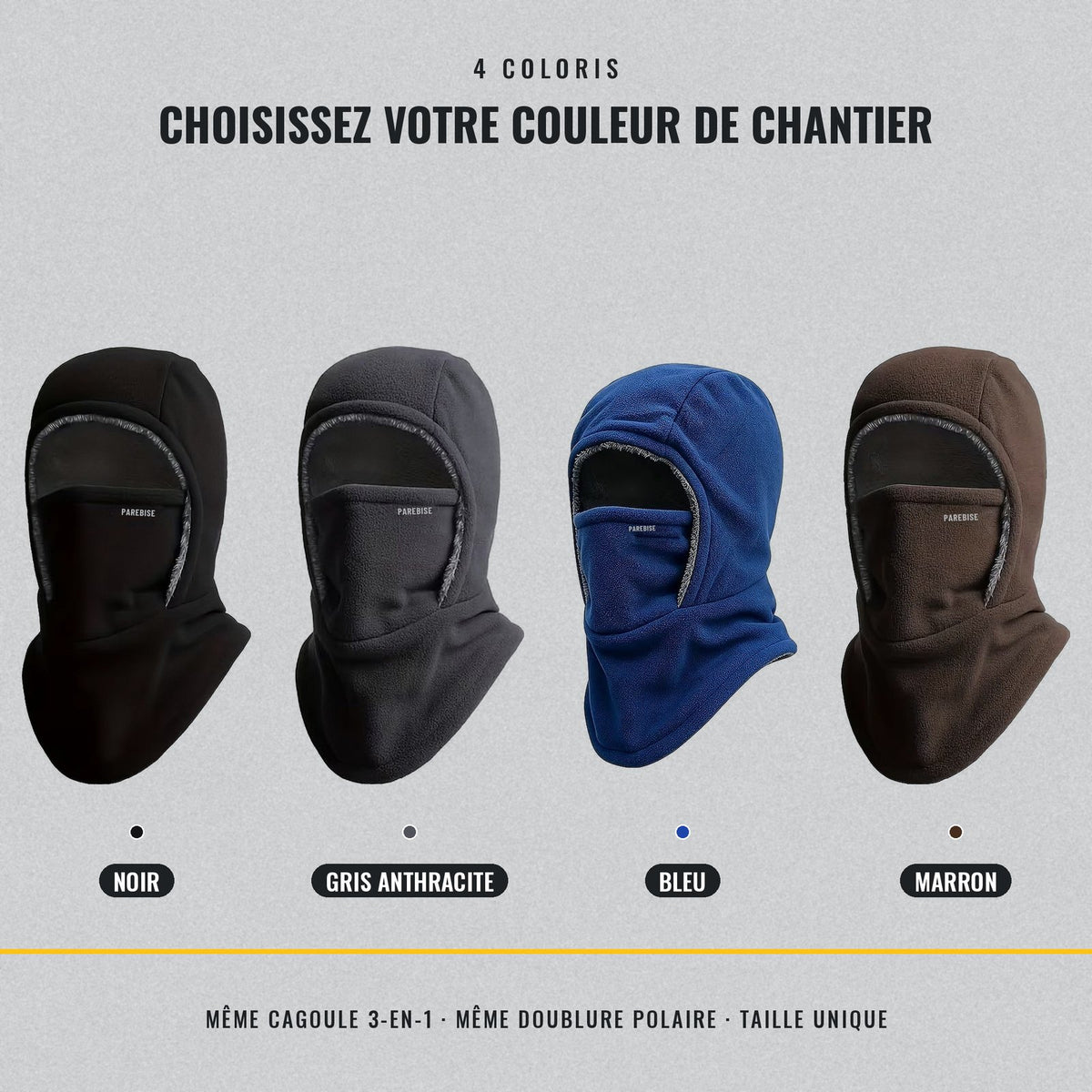Les 4 coloris : noir, gris anthracite, bleu, marron