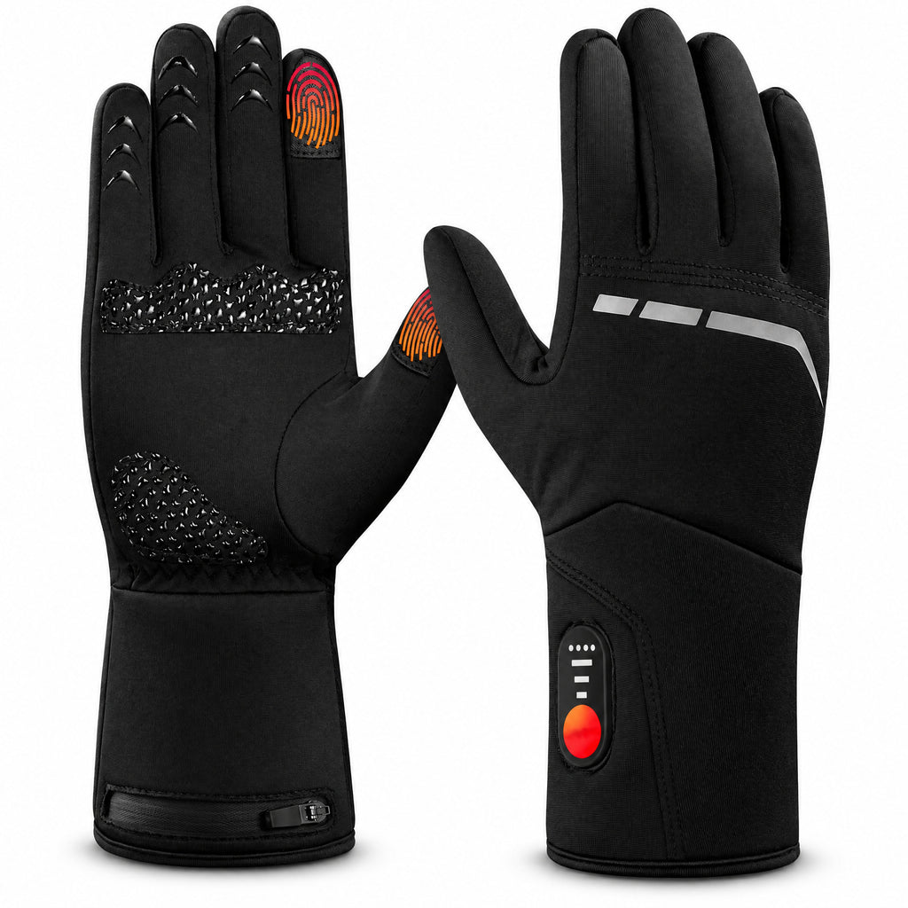 Gants chauffants de travail fins PAREBISE, noirs, grip silicone, bouts tactiles, bande réfléchissante, module batterie et bouton ON/OFF, fond blanc