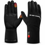 Gants chauffants de travail fins PAREBISE, noirs, grip silicone, bouts tactiles, bande réfléchissante, module batterie et bouton ON/OFF, fond blanc