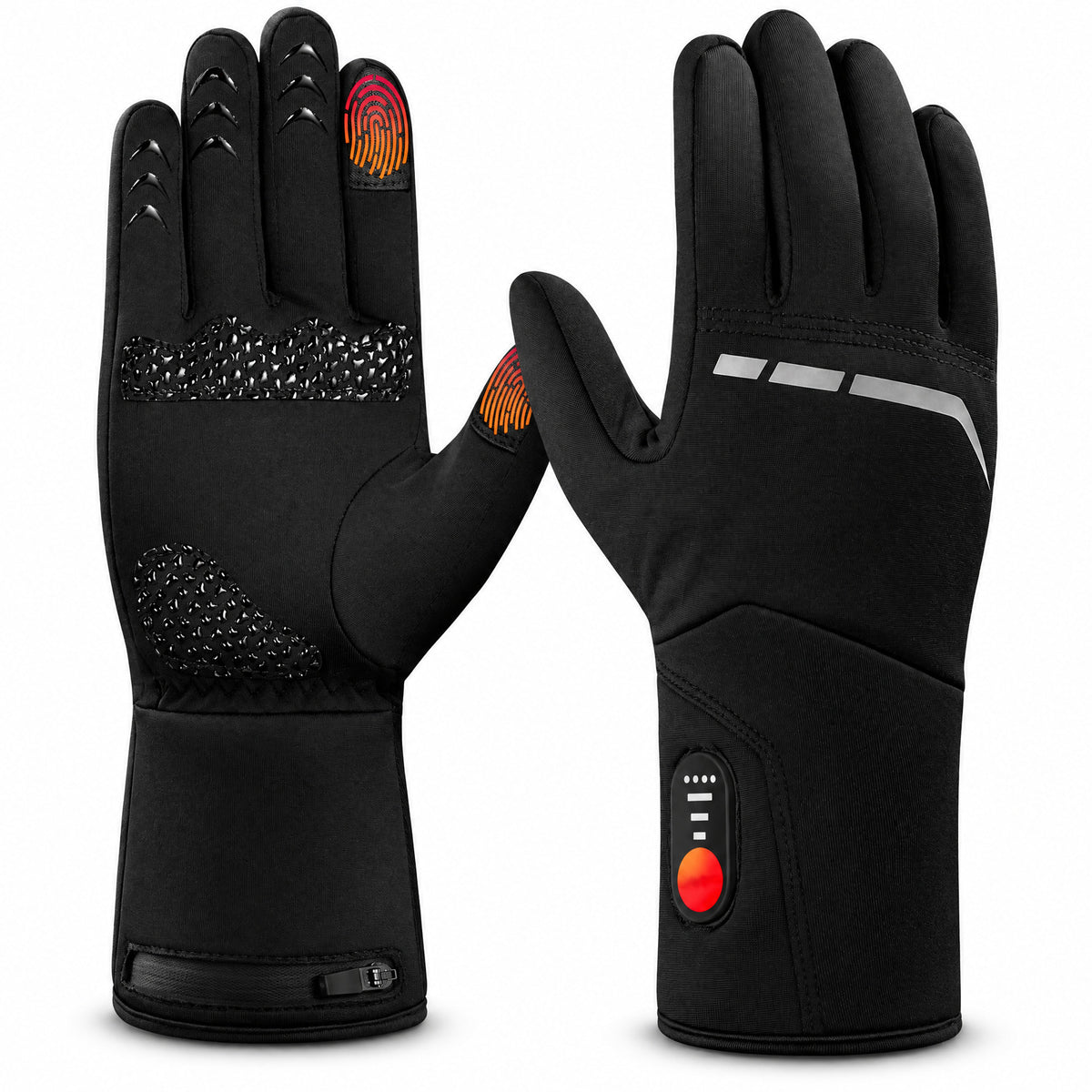 Gants chauffants de travail fins PAREBISE, noirs, grip silicone, bouts tactiles, bande réfléchissante, module batterie et bouton ON/OFF, fond blanc