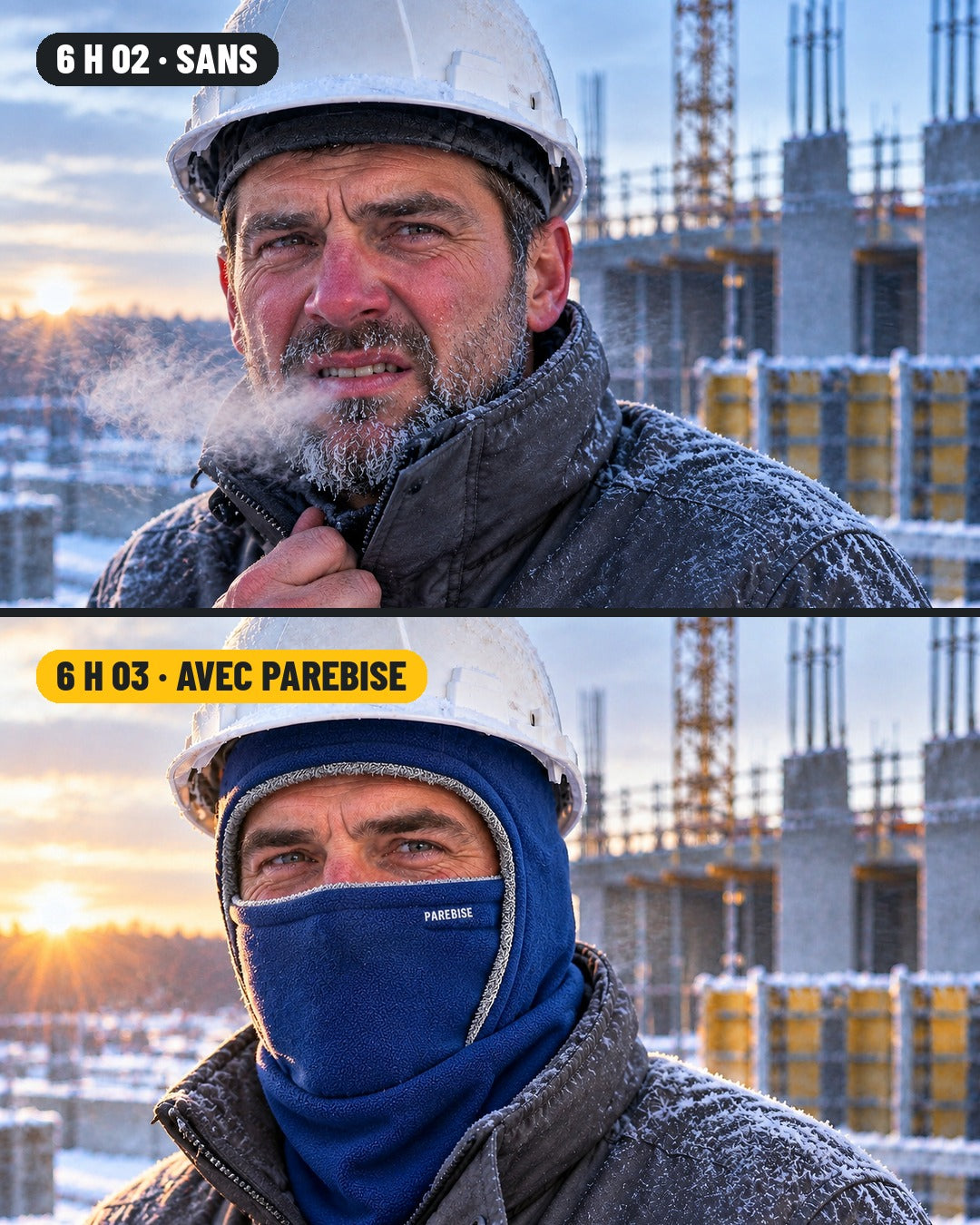 Avant et après : sans cagoule, avec la cagoule PAREBISE