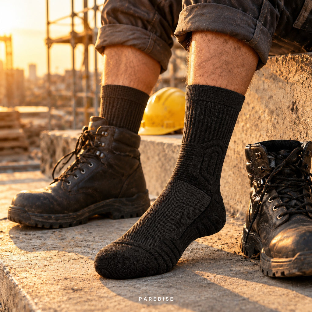 Chaussettes PAREBISE portées sur chantier avec chaussures de sécurité